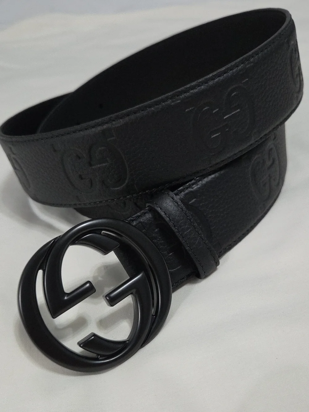 Gucci Black Leather Monogram Belt Black Double GG Buckle